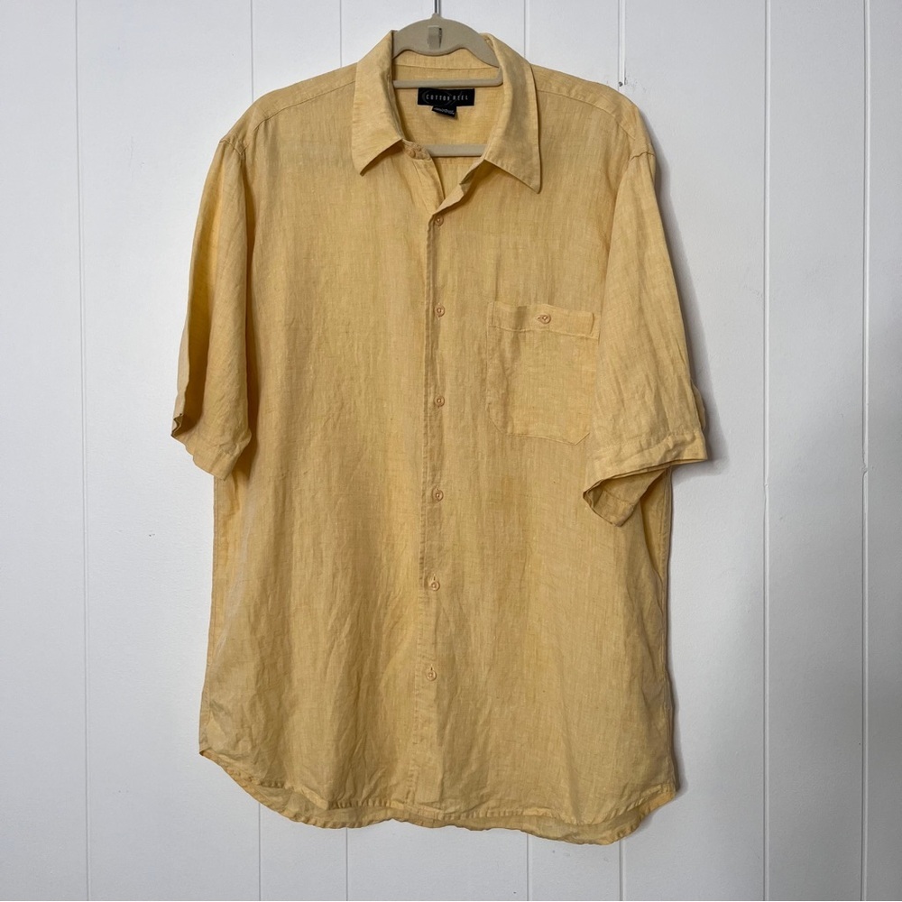 Cotton Reel 100% Linen Butter Yellow Button Down Shirt Short Sleeve Men's L